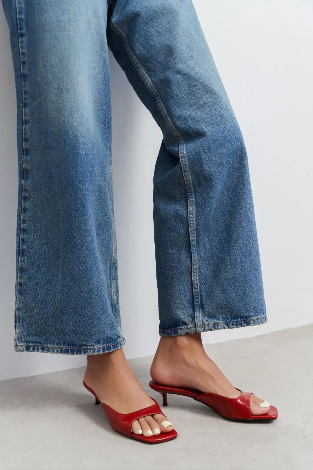Hazel Rustic Patterned Square Toe Slim Heel Mules — Red
