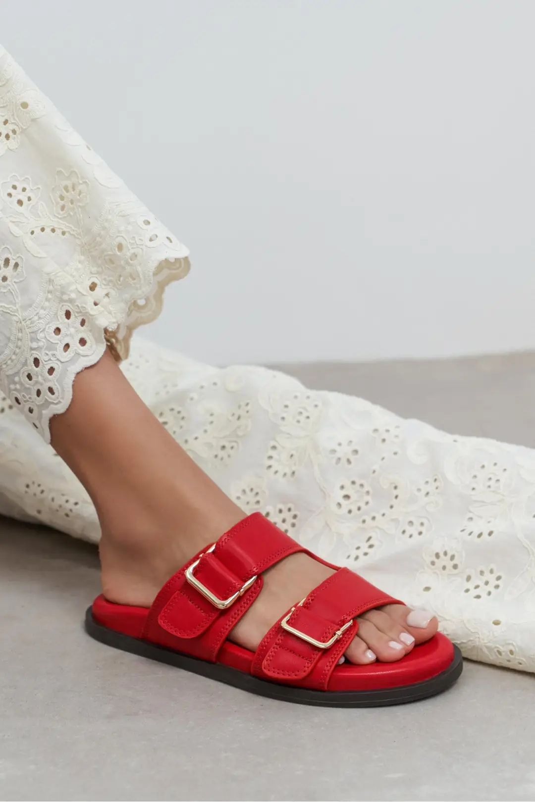 Larry Matte Double Buckle Detail Flat Slides — Red