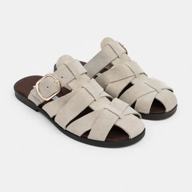 Honey Genuine Suede Buckle Detail Flat Mule