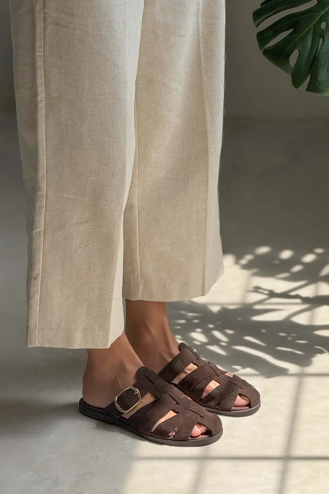 Honey Genuine Suede Buckle Detail Flat Mules