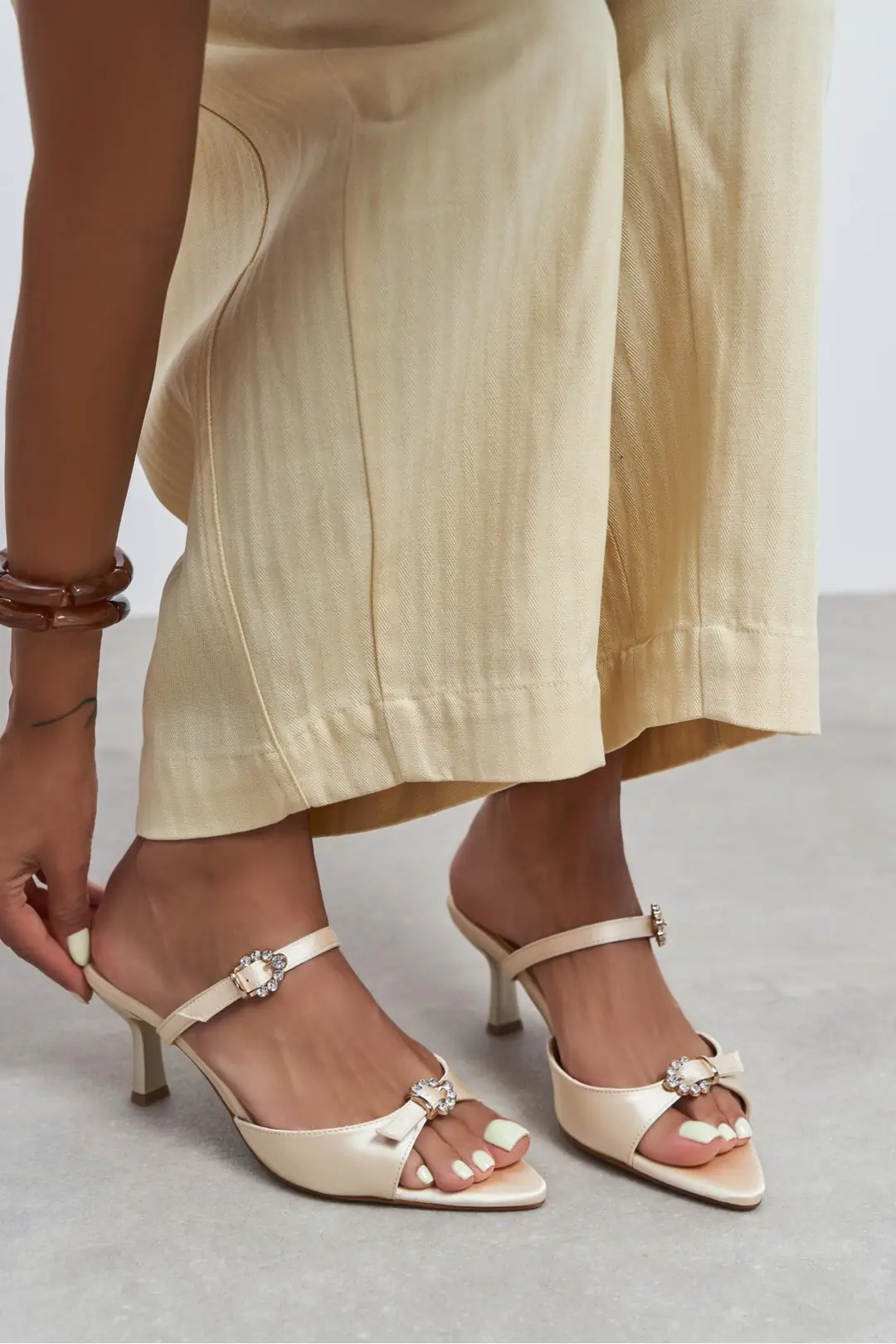 Calista Satin Buckle Detail Pointed Toe Heels — Beige