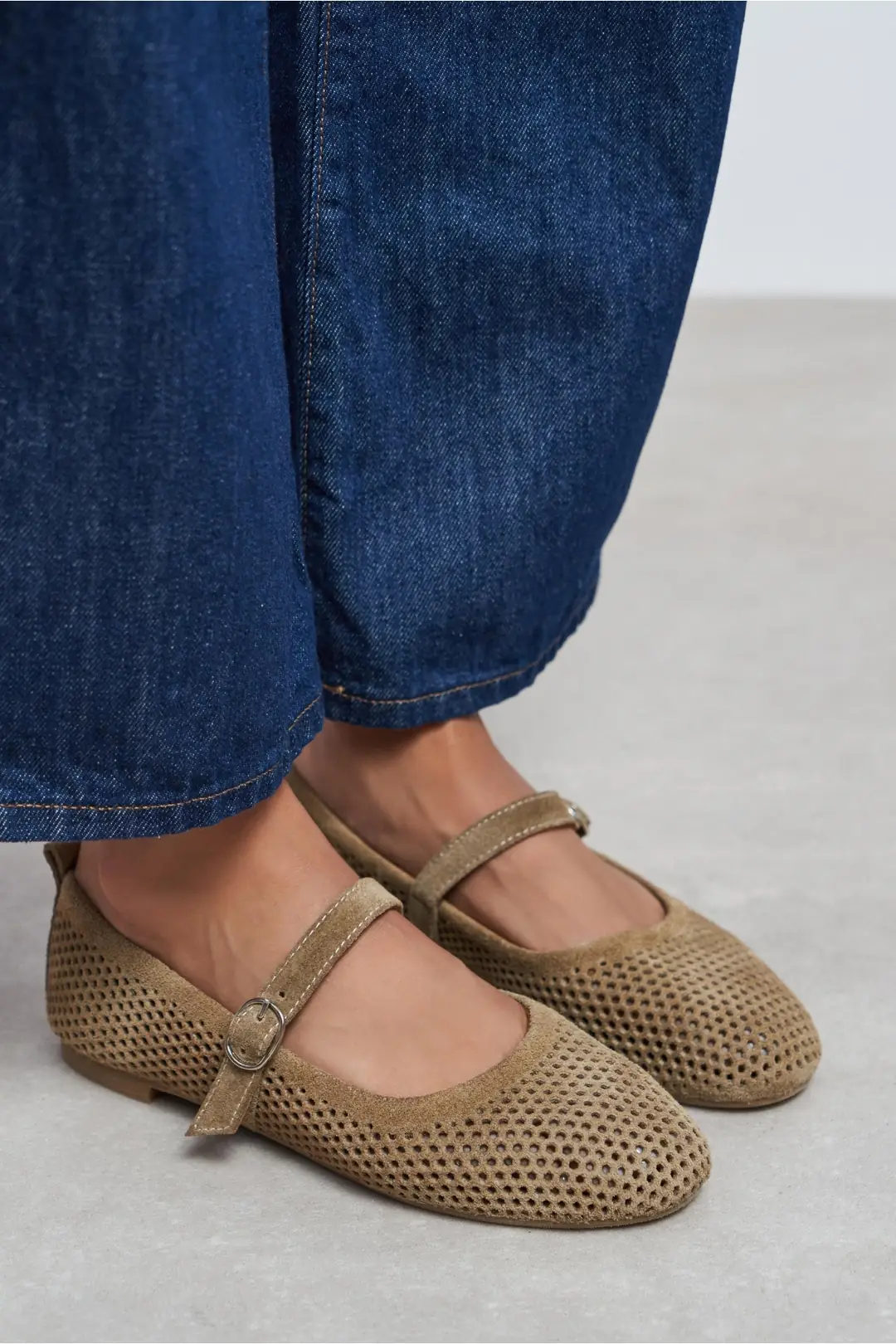 Titi Suede Studded Genuine Leather Buckle Detail Ballet Flat — Rome Beige